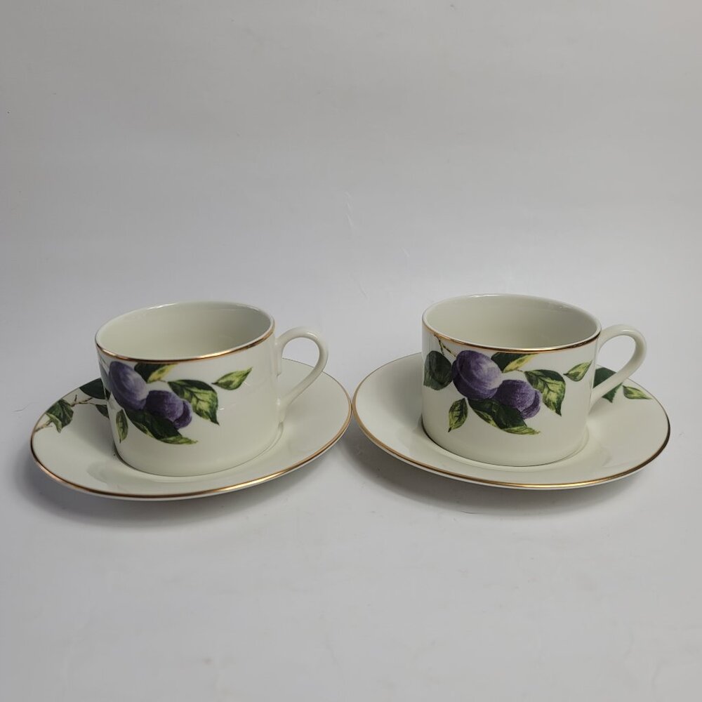 Mikasa Plum Court L3132 Cup and Saucer Sets White with Purple Plums Green Leaves